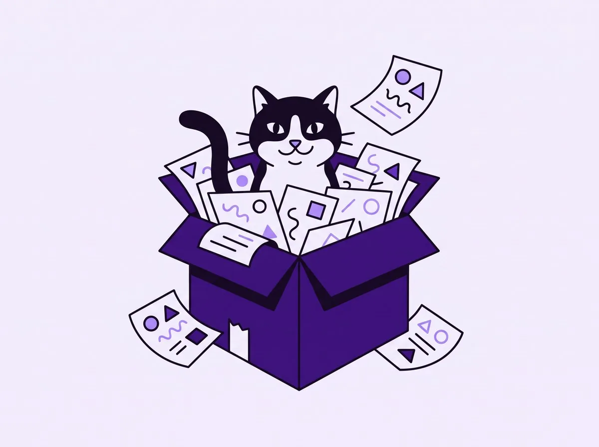 A cat peeking out of a box overflowing with sketches
